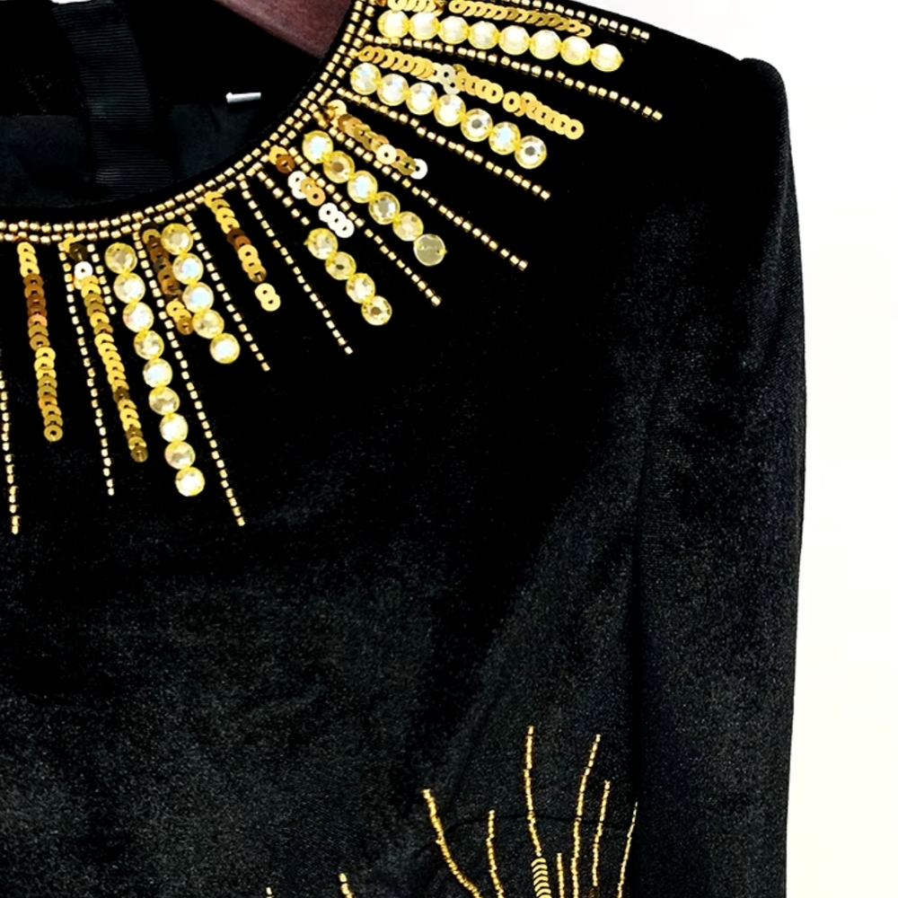 Women's Long Sleeve Stunning Sequined Rhinestone  Beaded Velvet Dress - Picture 10 of 11
